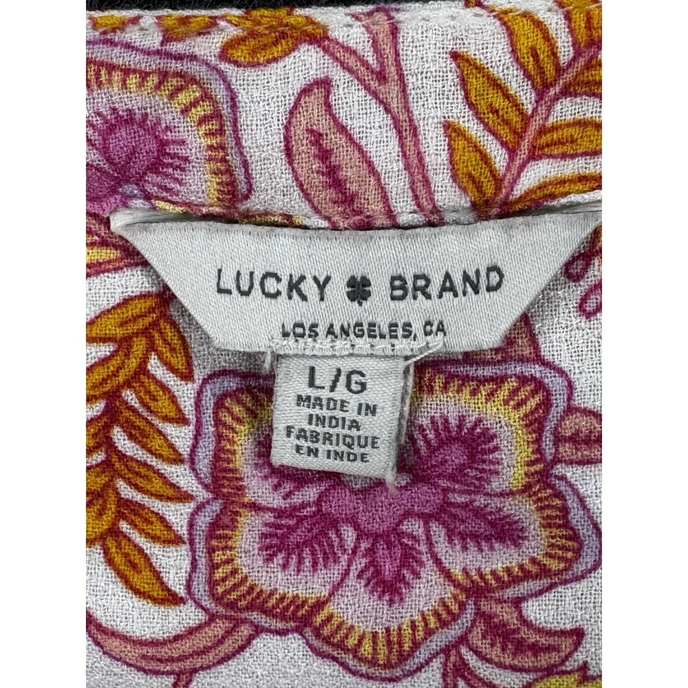 Lucky Brand Floral Boho Blouse Large Pink Orange Smocked Peasant Top LS - Picture 6 of 12